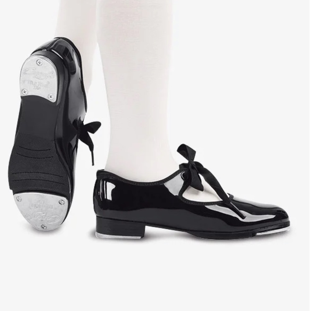 Capezio "Jr. Tyette" Ribbon Tie Tap Shoes NWT Size:12 M Black Patent Leather